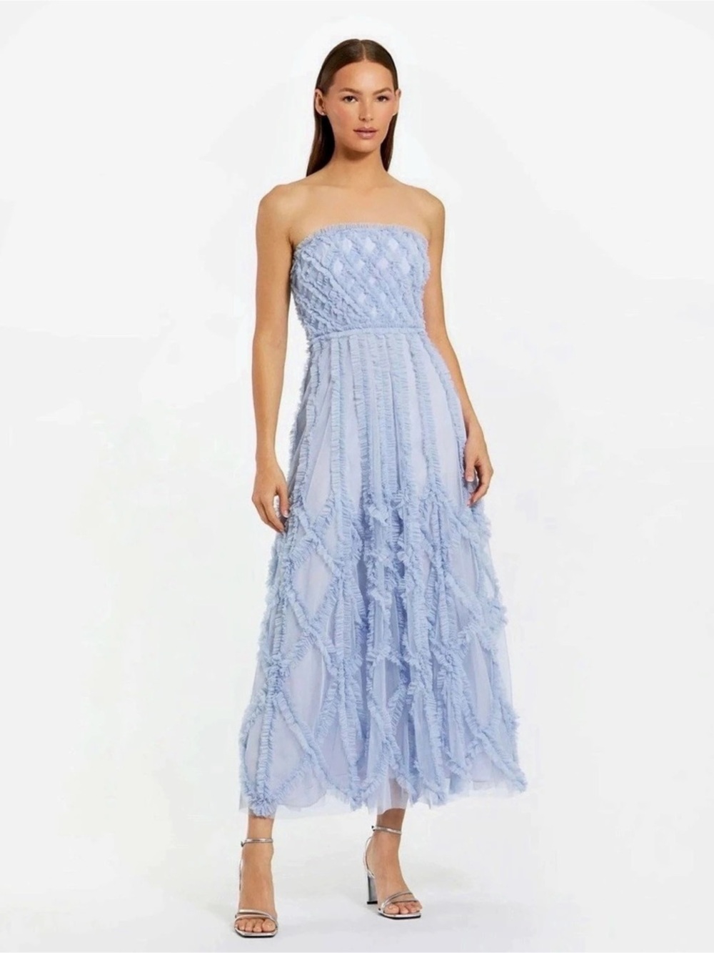 Mac Duggal Mesh Ruffle Strapless A-Line Midi Dress in Blue